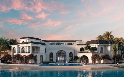Exterior view of Monaco Mansions in Dubai South, showcasing luxurious architecture with a lagoon-facing design, surrounded by lush greenery and elegant outdoor spaces.